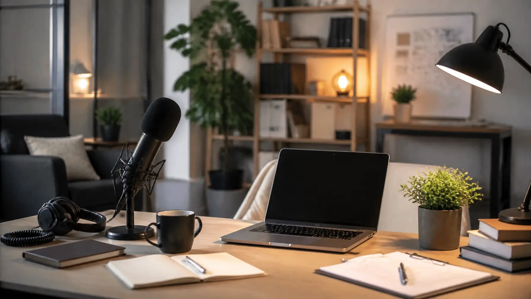 Podcast microphone and notebook on a warm studio desk
